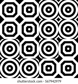 Vector seamless pattern. Geometric ornament, design template with striped black white polygons. Background, texture by tetris composition. Decoration for card tile web cover fabric print badge