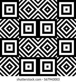 Vector seamless pattern. Geometric ornament, design template with striped black white polygons. Background, texture with figurative geometry. Decoration for card tile web cover fabric print badge