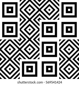 Vector seamless pattern. Geometric ornament, design template with striped black white polygons. Background, texture with figurative geometry. Decoration for card tile web cover fabric print badge