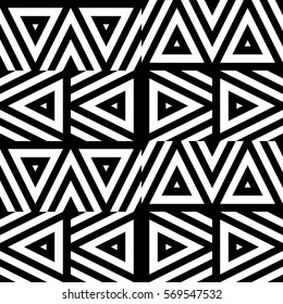 Vector seamless pattern. Geometric ornament, design template with striped black white triangles. Background, texture with figurative geometry. Decoration for card tile web cover fabric print badge