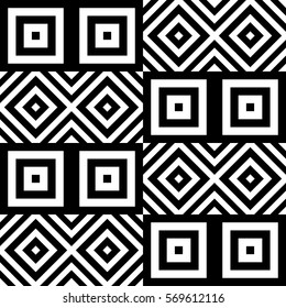 Vector seamless pattern. Geometric ornament, design template with striped black white polygons. Background, texture with figurative geometry. Decoration for card, tile, web cover, fabric print, badge