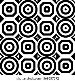 Vector seamless pattern. Geometric ornament, design template with striped black white circles and polygons. Background, texture with figurative geometry. Decor for card tile textile parquet border