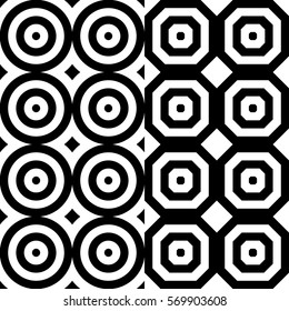 Vector seamless pattern. Geometric ornament, design template with striped black white circles and polygons. Background, texture with op art effect. Decoration for tile web cover fabric print badge