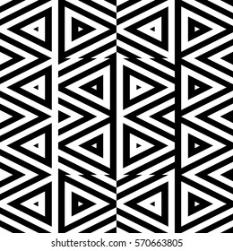 Vector seamless pattern. Geometric ornament, design template with striped black white triangles. Background, texture with figurative geometry. Decoration for card tile web cover fabric print badge