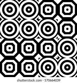 Vector seamless pattern. Geometric ornament, design template with striped black white circles and polygons. Background, texture by tetris composition. Decoration for tile web cover fabric print badge