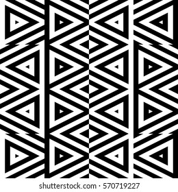 Vector seamless pattern. Geometric ornament, design template with striped black white triangles. Background, texture with figurative geometry. Decoration for card tile web cover fabric print badge