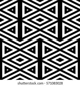 Vector seamless pattern. Geometric ornament, design template with striped black white triangles. Background, texture with figurative geometry. Decoration for card tile web cover fabric print badge