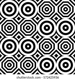 Vector seamless pattern. Geometric ornament, design template with striped black white circles and polygons. Background, texture with op art effect. Decoration for tile web cover fabric print badge