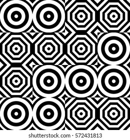 Vector seamless pattern. Geometric ornament, design template with striped black white circles and polygons. Background, texture with op art effect. Decoration for tile web cover fabric print badge