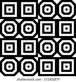 Vector seamless pattern. Geometric ornament, design template with striped black white polygons. Background, texture with figurative geometry. Decoration for card tile web cover fabric print badge
