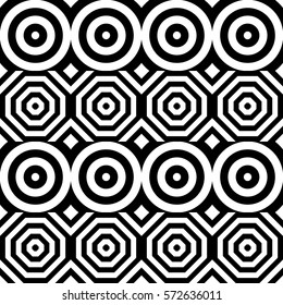 Vector seamless pattern. Geometric ornament, design template with striped black white circles and polygons. Background, texture with figurative geometry. Decor for card tile textile parquet border