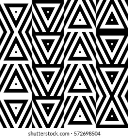 Vector seamless pattern. Geometric ornament, design template with striped black white triangles. Background, texture with figurative geometry. Decoration for card tile web cover fabric print badge