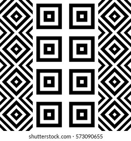 Vector seamless pattern. Geometric ornament, design template with striped black white polygons. Background, texture with figurative geometry. Decoration for card tile web cover fabric print badge