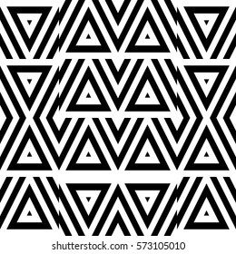 Vector seamless pattern. Geometric ornament, design template with striped black white triangles. Background, texture with figurative geometry. Decoration for card tile web cover fabric print badge