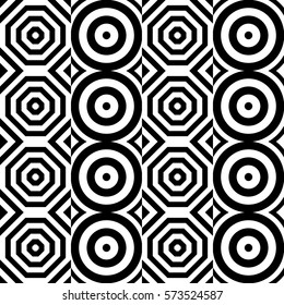 Vector seamless pattern. Geometric ornament, design template with striped black white circles and polygons. Background, texture with figurative geometry. Decor for card tile textile parquet border