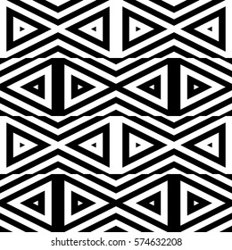 Vector seamless pattern. Geometric ornament, design template with striped black white triangles. Background, texture with figurative geometry. Decoration for card tile web cover fabric print badge