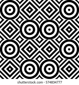 Vector seamless pattern. Geometric ornament, design template with striped black white circles and polygons. Background, texture with op art effect. Decoration for tile web cover fabric print badge