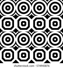Vector seamless pattern. Geometric ornament, design template with striped black white circles and polygons. Background, texture with figurative geometry. Decor for card tile textile parquet border