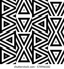 Vector seamless pattern. Geometric ornament, design chaos with striped black white triangles. Background, texture with chaotic geometry. Decoration for card tile web cover fabric print badge