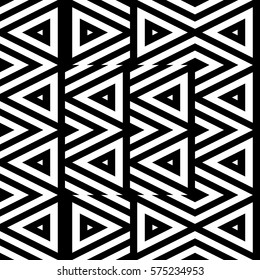 Vector seamless pattern. Geometric ornament, design template with striped black white triangles. Background, texture with figurative geometry. Decoration for card tile web cover fabric print badge