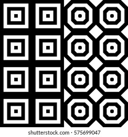 Vector seamless pattern. Geometric ornament, design template with striped black white polygons. Background, texture with figurative geometry. Decoration for card tile web cover fabric print badge