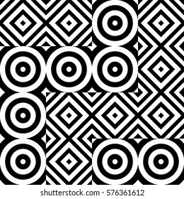 Vector seamless pattern. Geometric ornament, design template with striped black white circles and polygons. Background, texture with figurative geometry. Decor for card tile textile parquet border