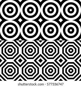 Vector seamless pattern. Geometric ornament, design template with striped black white circles and polygons. Background, texture with figurative geometry. Decor for card tile textile parquet border