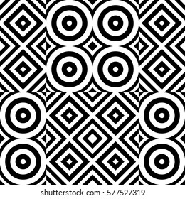 Vector seamless pattern. Geometric ornament, design template with striped black white circles and polygons. Background, texture with figurative geometry. Decor for card tile textile parquet border