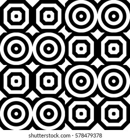 Vector seamless pattern. Geometric ornament, design template with striped black white circles and polygons. Background, texture with op art effect. Decoration for tile web cover fabric print badge