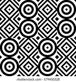 Vector seamless pattern. Geometric ornament, design template with striped black white circles and polygons. Background, texture with figurative geometry. Decor for card tile textile parquet border