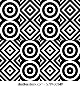 Vector seamless pattern. Geometric ornament, design template with striped black white circles and polygons. Background, texture with figurative geometry. Decor for card tile textile parquet border