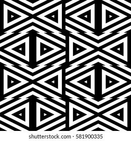 Vector seamless pattern. Geometric ornament, design template with striped black white triangles. Background, texture with figurative geometry. Decoration for card tile web cover fabric print badge