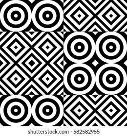Vector seamless pattern. Geometric ornament, design template with striped black white circles and polygons. Background, texture with figurative geometry. Decor for card tile textile parquet border