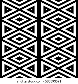 Vector seamless pattern. Geometric ornament, design template with striped black white triangles. Background, texture with figurative geometry. Decoration for card tile web cover fabric print badge