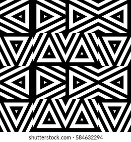 Vector seamless pattern. Geometric ornament, design template with striped black white triangles. Background, texture with figurative geometry. Decoration for card tile web cover fabric print badge