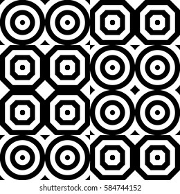 Vector seamless pattern. Geometric ornament, design template with striped black white circles and polygons. Background, texture with figurative geometry. Decor for card tile textile parquet border