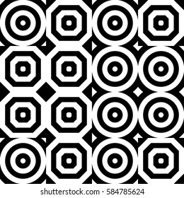 Vector seamless pattern. Geometric ornament, design template with striped black white circles and polygons. Background, texture with figurative geometry. Decor for card tile textile parquet border