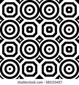 Vector seamless pattern. Geometric ornament, design template with striped black white circles and polygons. Background, texture with op art effect. Decoration for tile web cover fabric print badge