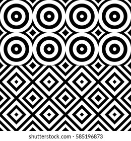 Vector seamless pattern. Geometric ornament, design template with striped black white circles and polygons. Background, texture with figurative geometry. Decor for card tile textile parquet border