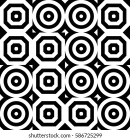 Vector seamless pattern. Geometric ornament, design template with striped black white circles and polygons. Background, texture with figurative geometry. Decor for card tile textile parquet border