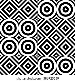 Vector seamless pattern. Geometric ornament, design template with striped black white circles and polygons. Background, texture with figurative geometry. Decor for card tile textile parquet border