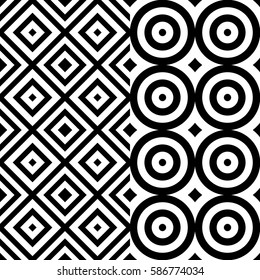 Vector seamless pattern. Geometric ornament, design template with striped black white circles and polygons. Background, texture with op art effect. Decoration for tile web cover fabric print badge