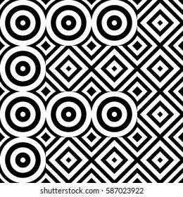 Vector seamless pattern. Geometric ornament, design template with striped black white circles and polygons. Background, texture with op art effect. Decoration for tile web cover fabric print badge