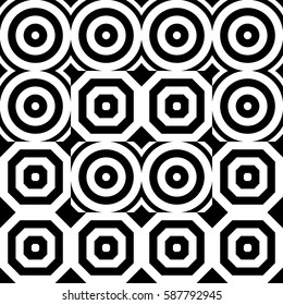 Vector seamless pattern. Geometric ornament, design template with striped black white circles and polygons. Background, texture with figurative geometry. Decor for card tile textile parquet border