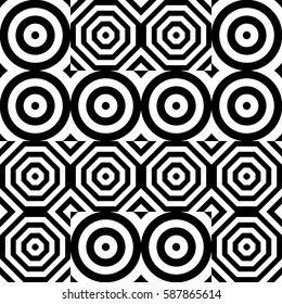 Vector seamless pattern. Geometric ornament, design template with striped black white circles and polygons. Background, texture with op art effect. Decoration for tile web cover fabric print badge