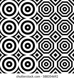 Vector seamless pattern. Geometric ornament, design template with striped black white circles and polygons. Background, texture with op art effect. Decoration for tile web cover fabric print badge