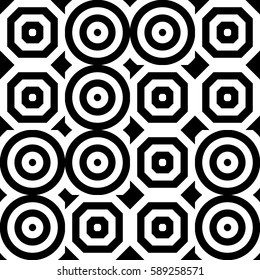 Vector seamless pattern. Geometric ornament, design template with striped black white polygons. Background, texture with figurative geometry. Decoration for card tile web cover fabric print badge