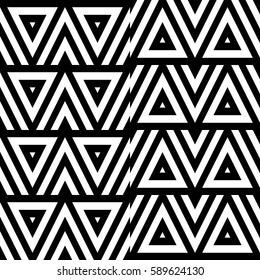Vector seamless pattern. Geometric ornament, design template with striped black white triangles. Background, texture with figurative geometry. Decoration for card tile web cover fabric print badge