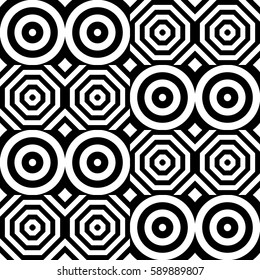 Vector seamless pattern. Geometric ornament, design template with striped black white circles and polygons. Background, texture with op art effect. Decoration for tile web cover fabric print badge