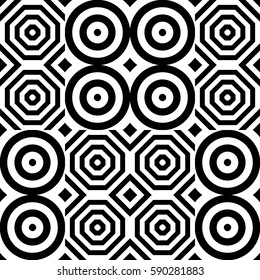 Vector seamless pattern. Geometric ornament, design template with striped black white circles and polygons. Background, texture with figurative geometry. Decor for card tile textile parquet border
